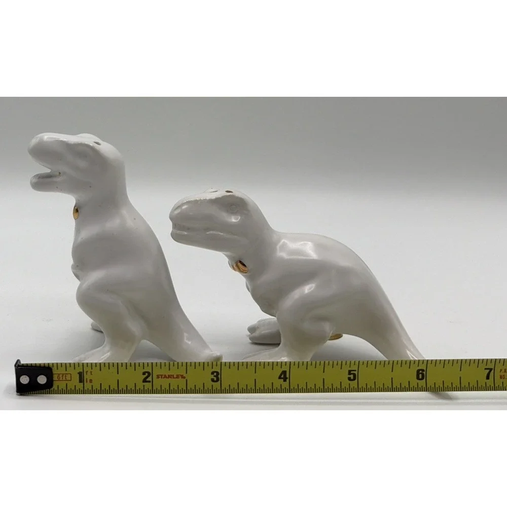 Target T-Rex Dinosaur White Ceramic Salt & Pepper Shakers Gold Bow Ties Retired.
